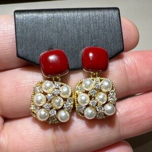 Elegant Red and Gold Pearl Drop Earrings